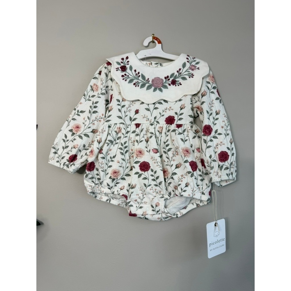 Picolette Romper Baby 6-9M White Floral Embroidered Bib Collar NWT